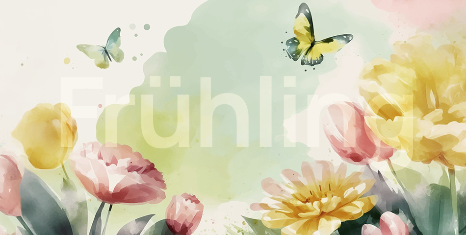 Aquarell von Frühlings-Tulpen mit einem Schmetterling vor einem sanften, mehrschichtigen Hintergrund.